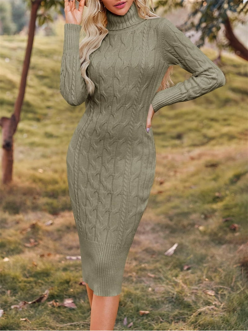navy blue dress for baby girl Popoship Autumn Winter Womens Long Sleeve Turtleneck Sweater Dresses Knitted Bodycon Midi Sheath Jumper Dresses, Women's, Size: XL, Brown