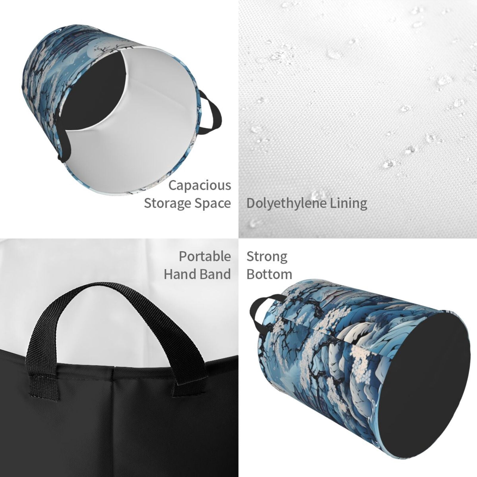 Chinese Style Powder Chinoiserie Toile Blue Foldable Laundry Hamper with Handle Storage Basket for Clothes Toys & Organizing