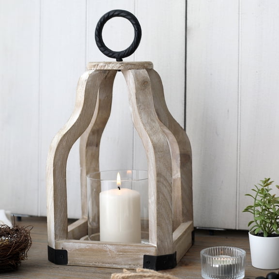 FUIN 13" Rustic Farmhouse Wood Candle Hurricane Lantern with Glass Candlestick Holder for Patio, Table Centerpiece, White Washed