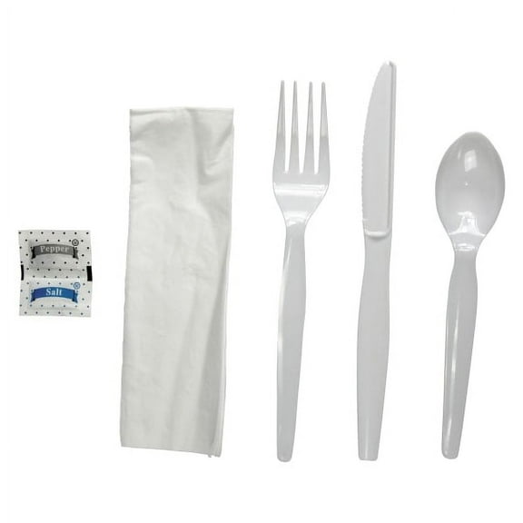 Six-Piece Cutlery Kit, Condiment/fork/knife/napkin/spoon, Heavyweight, White, 250/carton | Bundle of 5