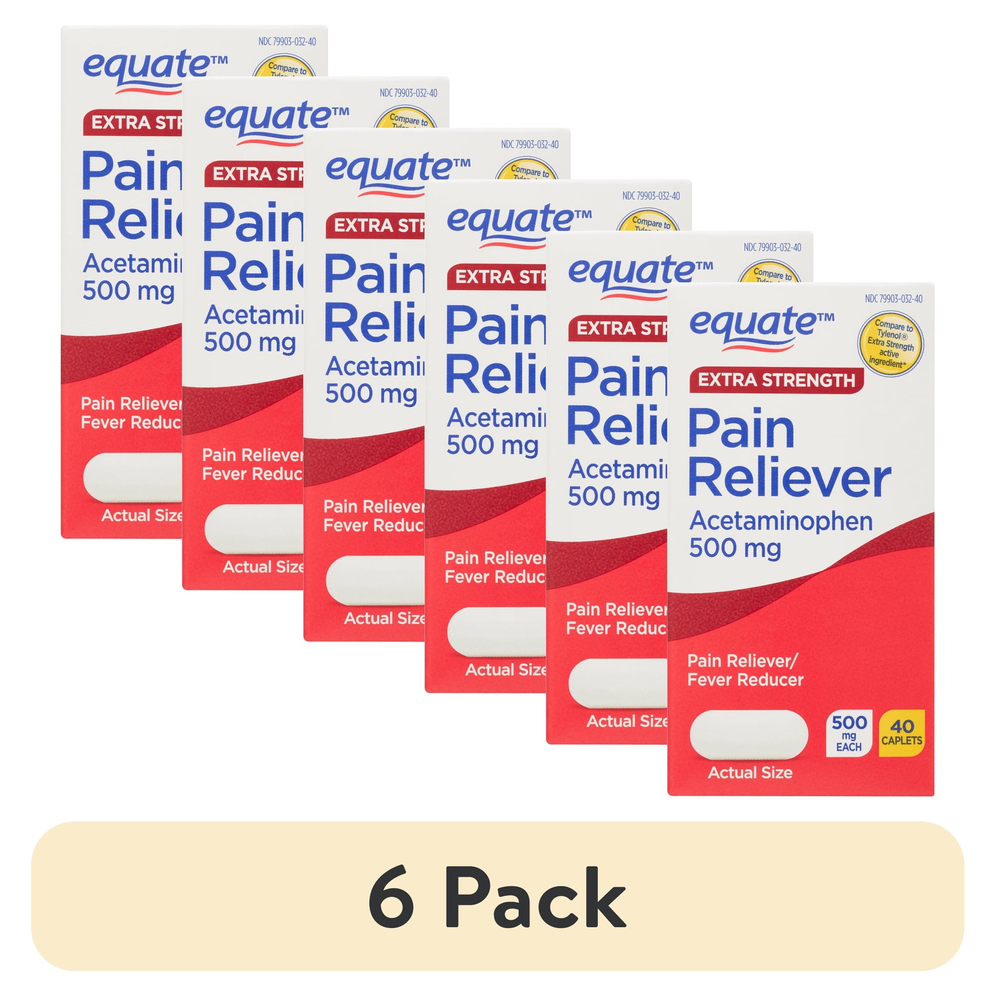 (6 pack) Equate Extra Strength Acetaminophen 500mg Caplets, Pain Reliever/Fever Reducer, 40 Count