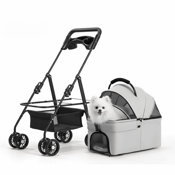Pet Stroller for Small Dogs, Grey Foldable 4-Wheel Dog Stroller with Detachable Carrier, Breathable Mesh, Sun Shade, Storage Basket & Cup Holder, Up to 44 lbs