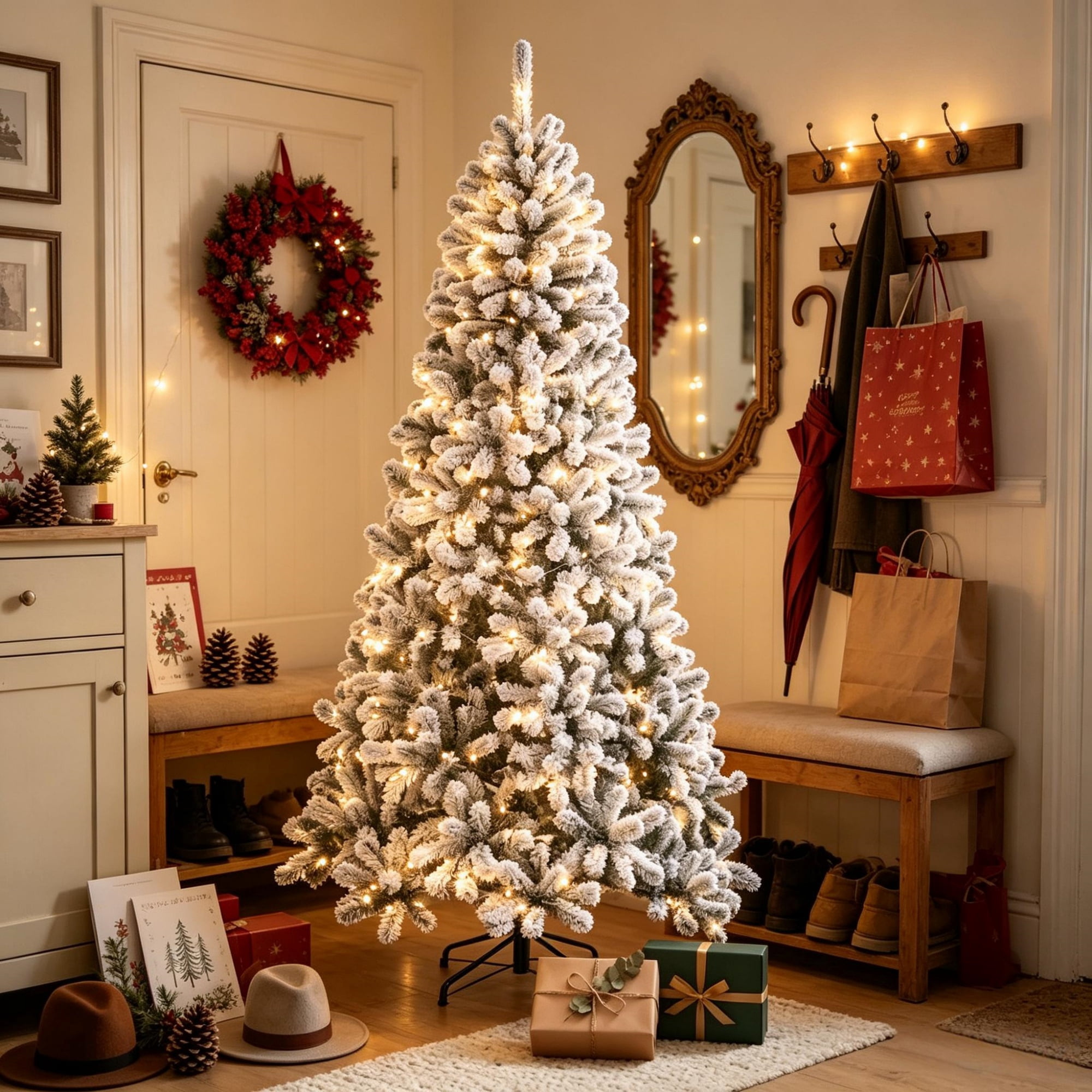 7.5 ft Pre-Lit Flocked Artificial Christmas Tree with 350 Warm White LEDs, 1201 Tips, PVC Foliage and Steel Stand for Indoor Holiday Decor