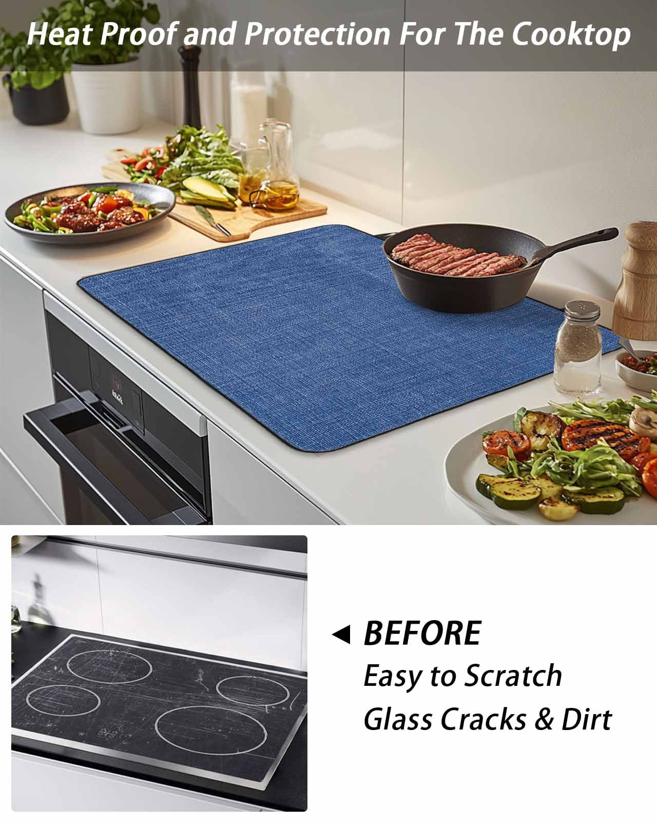 Stove Top Covers for Electric Stove, Navy Blue Glass Stovetop Cover Protector, Vintage Country Monochrome Farmhouse Induction Cooktop Protector Oven Mat for Kitchen Countertop 31"x24"