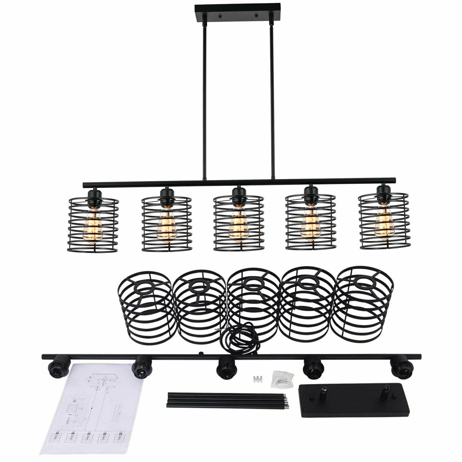 Industrial 5-Light Pendant Lamp Metal Ceiling Light Kitchen Island Fixture E26