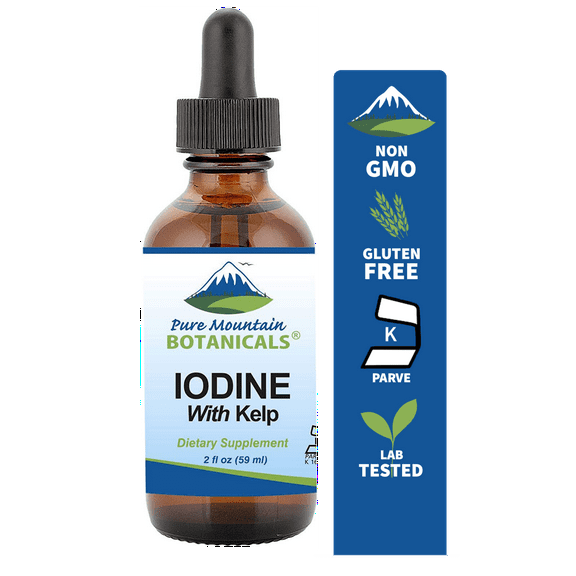 Liquid Iodine Thyroid Supplement with Organic Kelp Kosher Vegan Potassium Iodide Solution Alcohol Free Hypothyroid Support (2 fl oz)