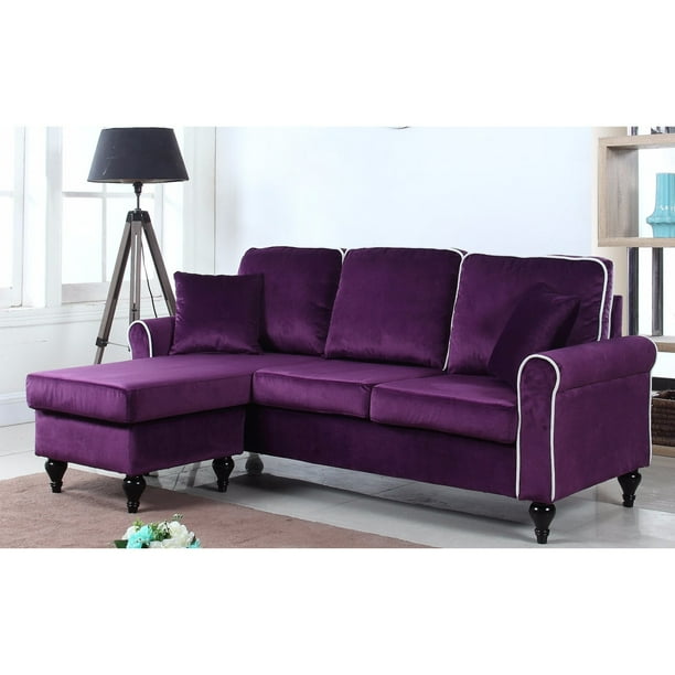 Classic and Traditional Small Space Velvet Sectional Sofa with Reversible Chaise (Purple 