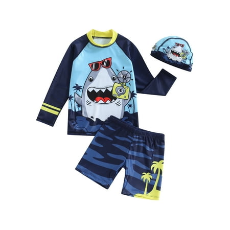 

Sunisery Toddler Baby Boy Swimsuit Shark Print Long Sleeve T-Shirt Tops Shorts with Swimming Hat 3Pcs Swimwear Navy Blue 3-4 Years
