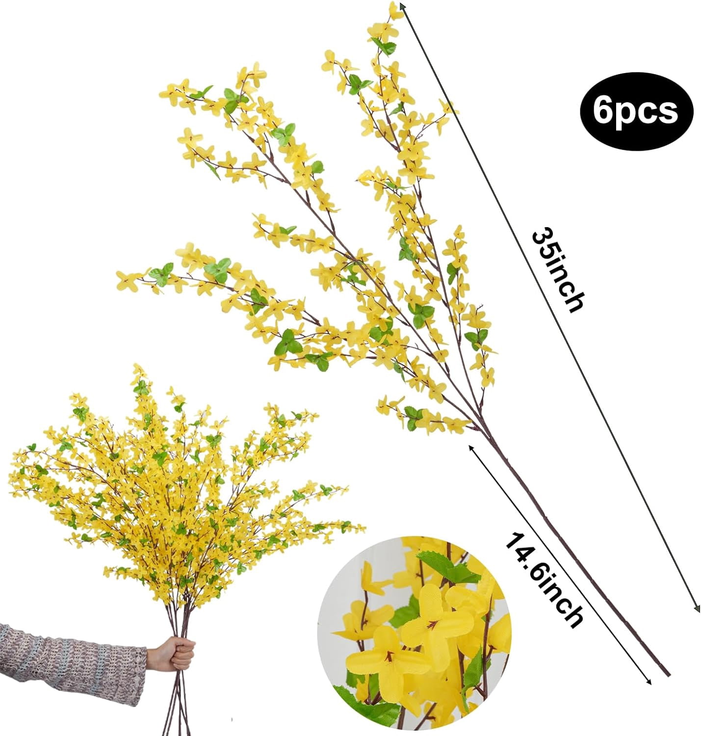 Artificial Forsythia Branches Yellow Flowers Faux Silk Forsythia Long Stem Winter Jasmine Stems Spring Flowers Artificial for Decoration Home Table Kitchen Yard Easter Decor 35 Inch