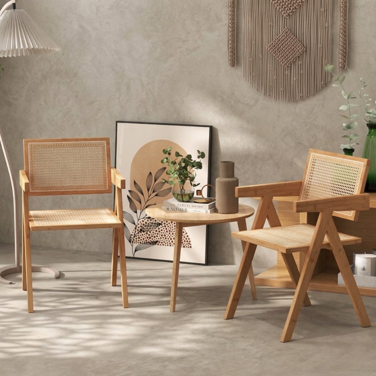 Furnibear Set of 2 Rattan Accent Chairs with Natural Bamboo Frame and Wide Seat for Living Room Dining Room and Kitchen, Natural