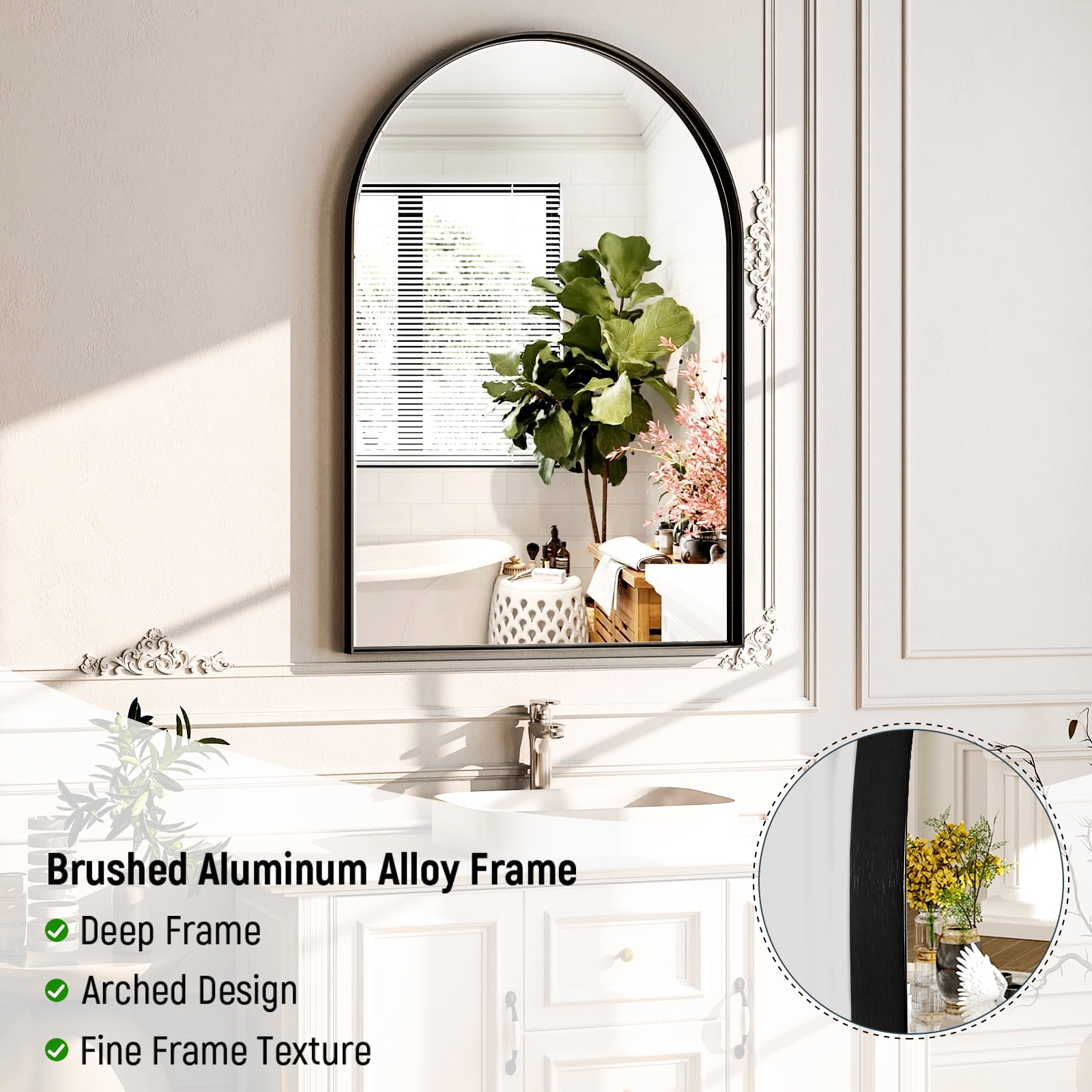 Gleamira 30"x48" Arched Bathroom Mirror Wall Vanity Mirror with Deep Frame, Black