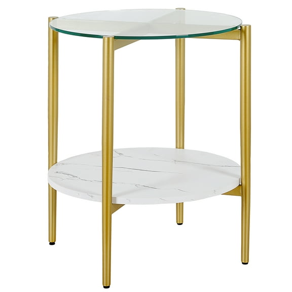 Evelyn&Zoe Otto 20" Wide Round Side Table with Faux Marble Shelf, Gold and Faux Marble