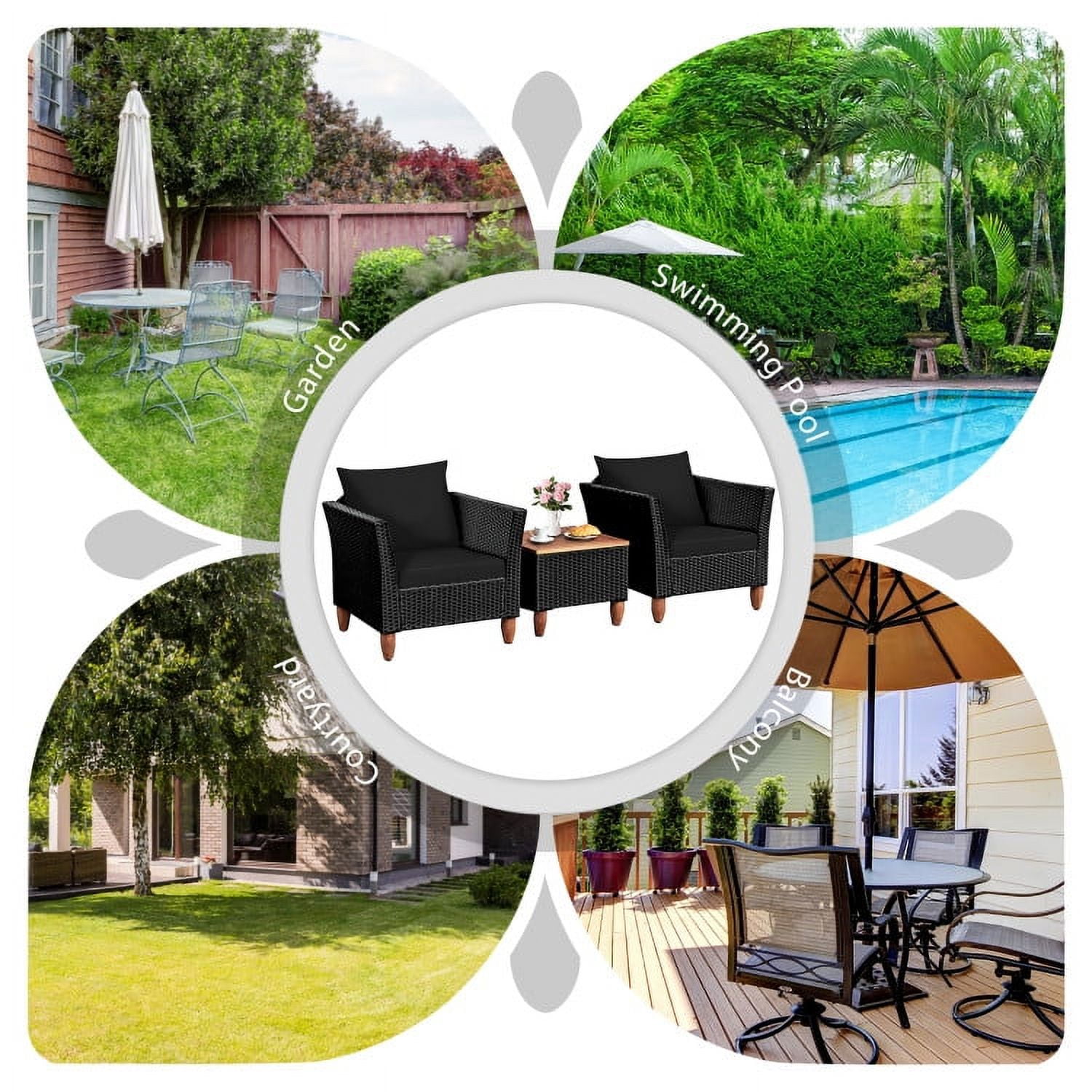 Aimee Lii 3 Pieces Outdoor Patio Rattan Furniture Set with Coffee Table, Modern Patio Furniture, Black