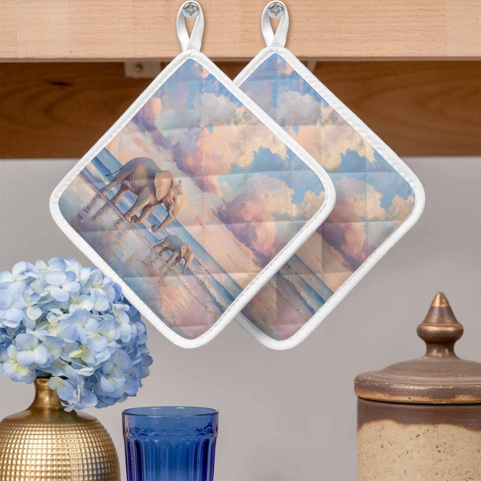 Beach Elephant Pot Holders for Kitchen Heatproof Potholder, 3 Pack Natural Seaside Scenery Modern Paint Art Hot Pads Multipurpose Oven Pads Cloth Potholders Trivet for Cooking Baking