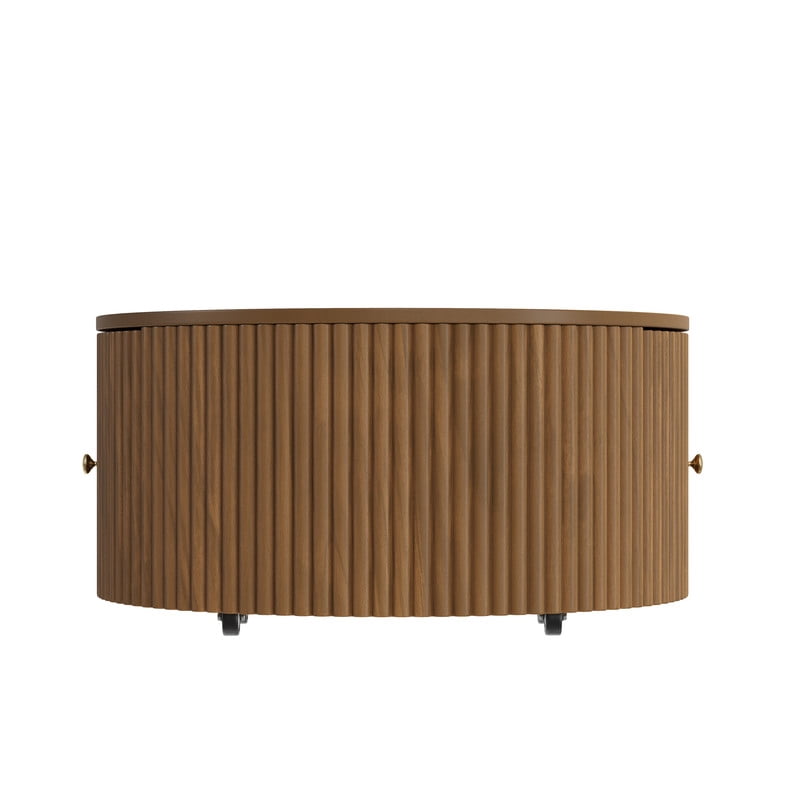 30.3'' Round Fluted Design Coffee Table with Rolling Casters & Dual Hidden Storage Drawers, Drum Base Center Cocktail Table