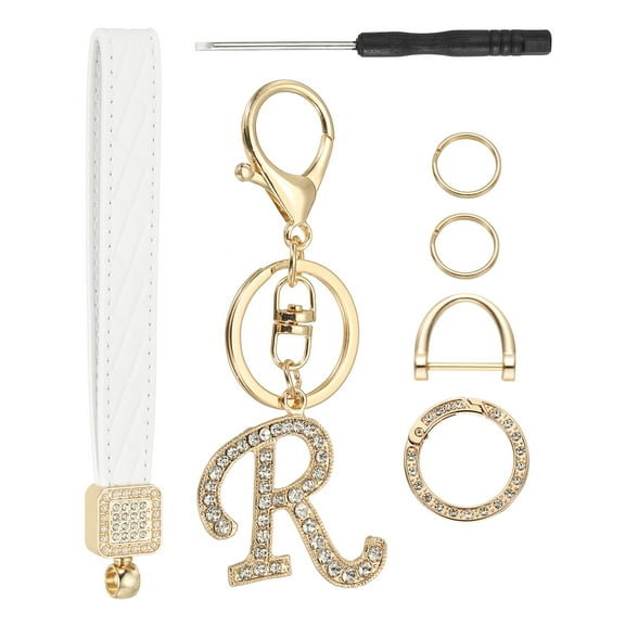 Leather Wristlet Keychain, Chic Letter R Keychains with Key Ring and D Ring Car Keys Keychain Decorative Alphabet Key Chain for Bag Backpack DIY, Gold Tone
