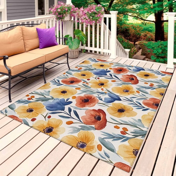 Spring Floral Outdoor Rug for Patio/Deck/Porch, Non-Slip Large Area Rug 6 x 9 Ft, Red Yellow Blue Summer Botanical Indoor Outdoor Rugs Washable Area Rugs, Reversible Camping Rug Carpet Runner