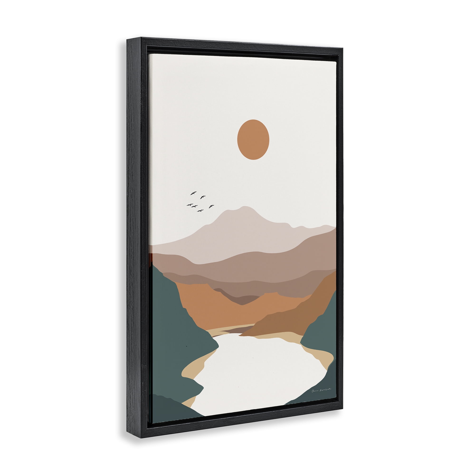 Stupell Industries Mountain Valley Lake Landscape & Nature Painting Black Floater Framed Canvas Art Print Wall Art, 17 x 25