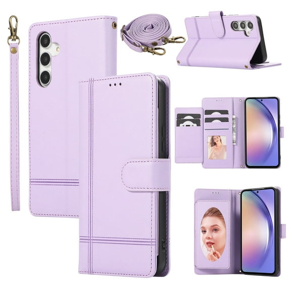 TECH CIRCLE Wallet Case For Galaxy A35,Magnetic Flip Folio Stand Purse Case with Shoulder Wrist Strap Card Holder Cover Hidden Mirror Protective Cover for Samsung Galaxy A35 5G 6.6" 2024,Purple