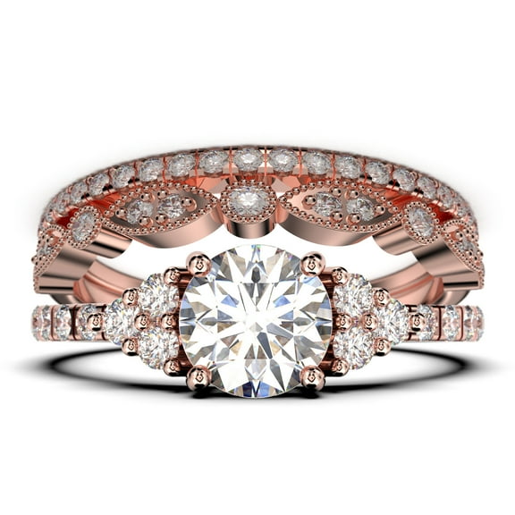 Beautiful Mid-century 2.25 Carat Round Cut Diamond Moissanite Engagement Ring, Wedding Ring in 925 Sterling Silver With 18k Rose Gold Plating, 7 Stone Ring, Trio Set, Matching Band