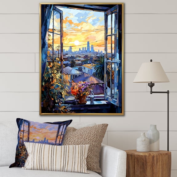 Designart "Los Angeles Sunset with Floral Window View" Floral Framed Wall Art - Traditional Blue Window Bedroom Framed Canvas Wall Art