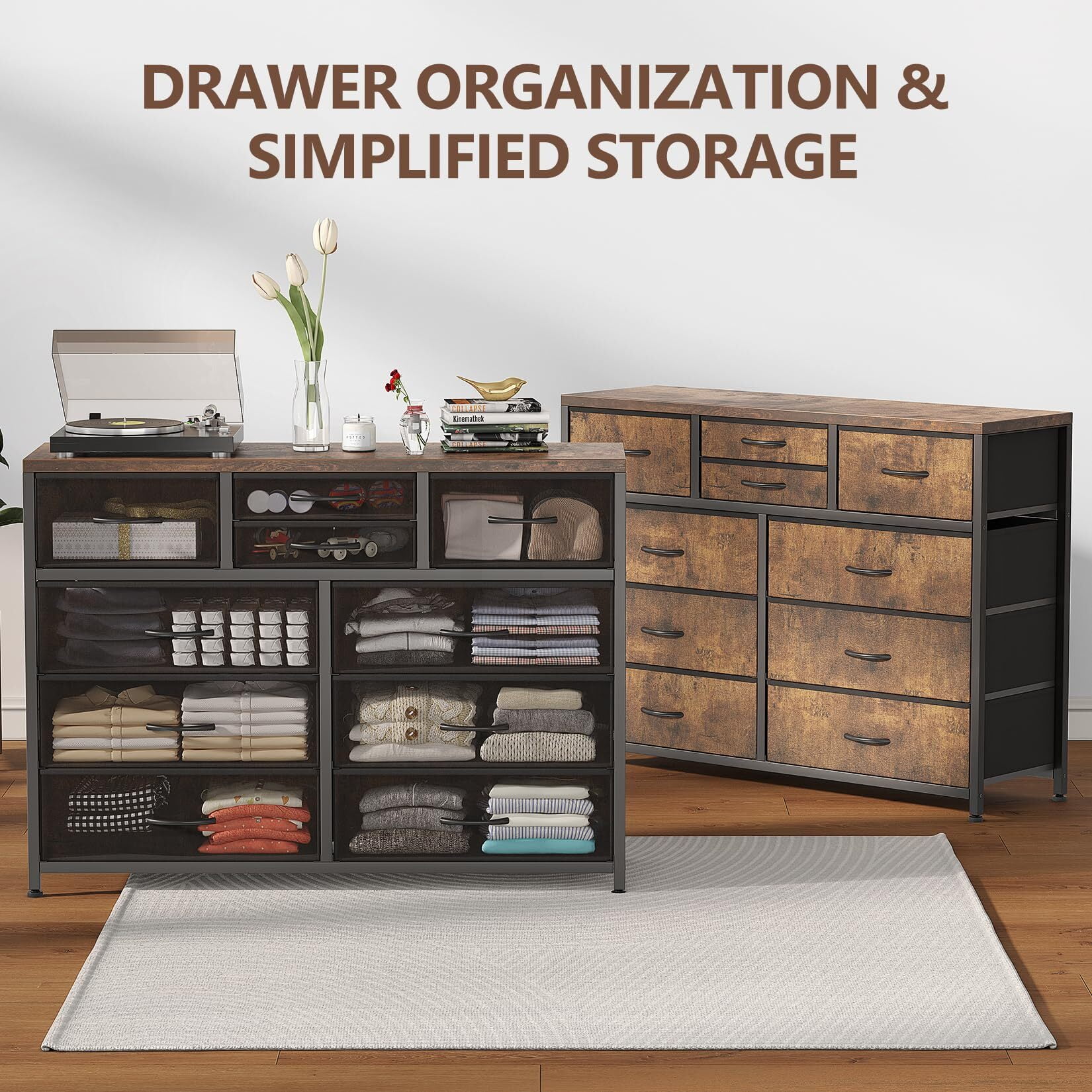 Emorefun TV Stand for 55 Inch TV, Entertainment Center with 10 Drawers for Living Room, Closet, Entryway, Hallway, Rustic Brown