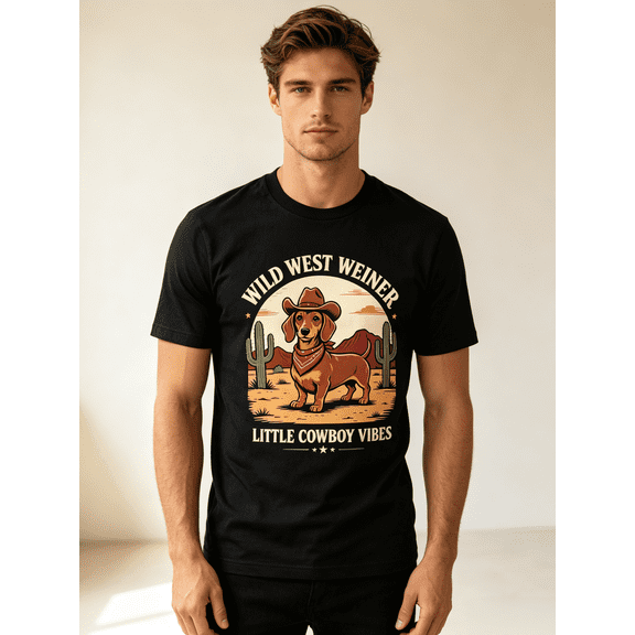 Funny Cowboy Dachshund Graphic T-Shirt, Western Desert Dog Print Casual Crew Neck Short Sleeve Tee for Men