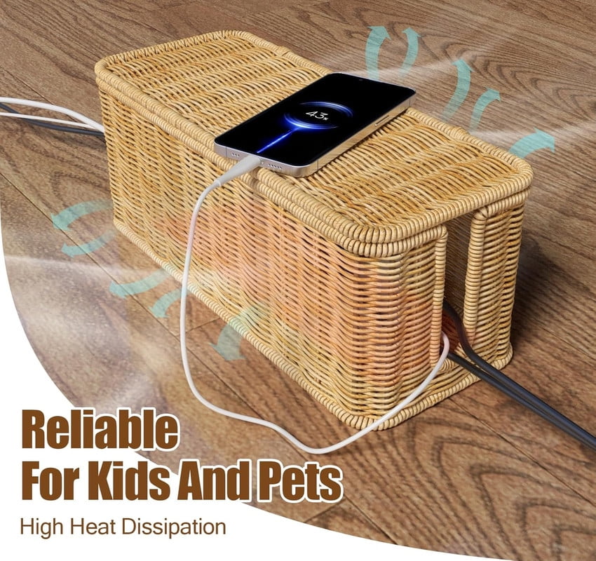 Handmade Cable Management Box, Durable Rattan Cable Organizer With Lid, 2 Open Slots Cords Hider Box, Under Desk Cord Organizer for TV Computer Usb Hub To Hide Power Strips & Cords-12.2" L*4.9" W