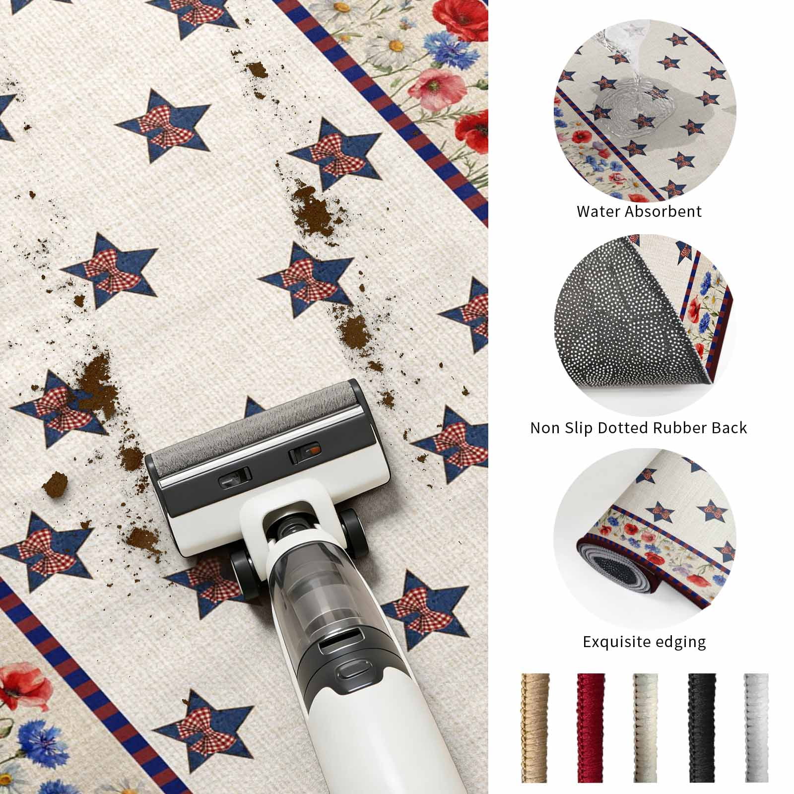 Round Area Rugs 5Ft, American Star Poppy Non-Slip Washable Circle Rugs Carpet, Farmhouse Independence Day Indoor Outdoor Rug Floor Mats Throw Runner for Bedroom Living Room Bathroom