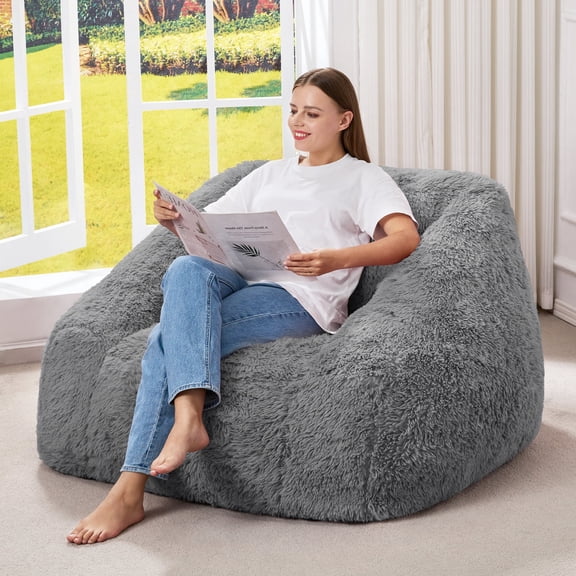 Hobestluk Oversized Bean Bag Chair for Adults with Filler, Large Cozy Reading Chair, Comfortable Lounge Chair for Living Room and Bedroom (Grey Plush)