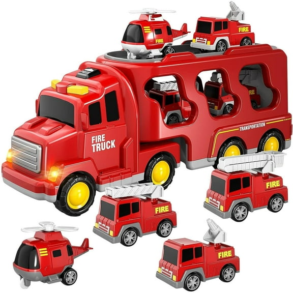 7-in-1 Fire Trucks for 3 4 5 6 Years Old Boys - Transport Car for Toddlers 4-6,Sound and Light Kids Toys for Ages 2-4,Gift for Ages 5-7,4-8 Year Old Girl Birthday Gifts