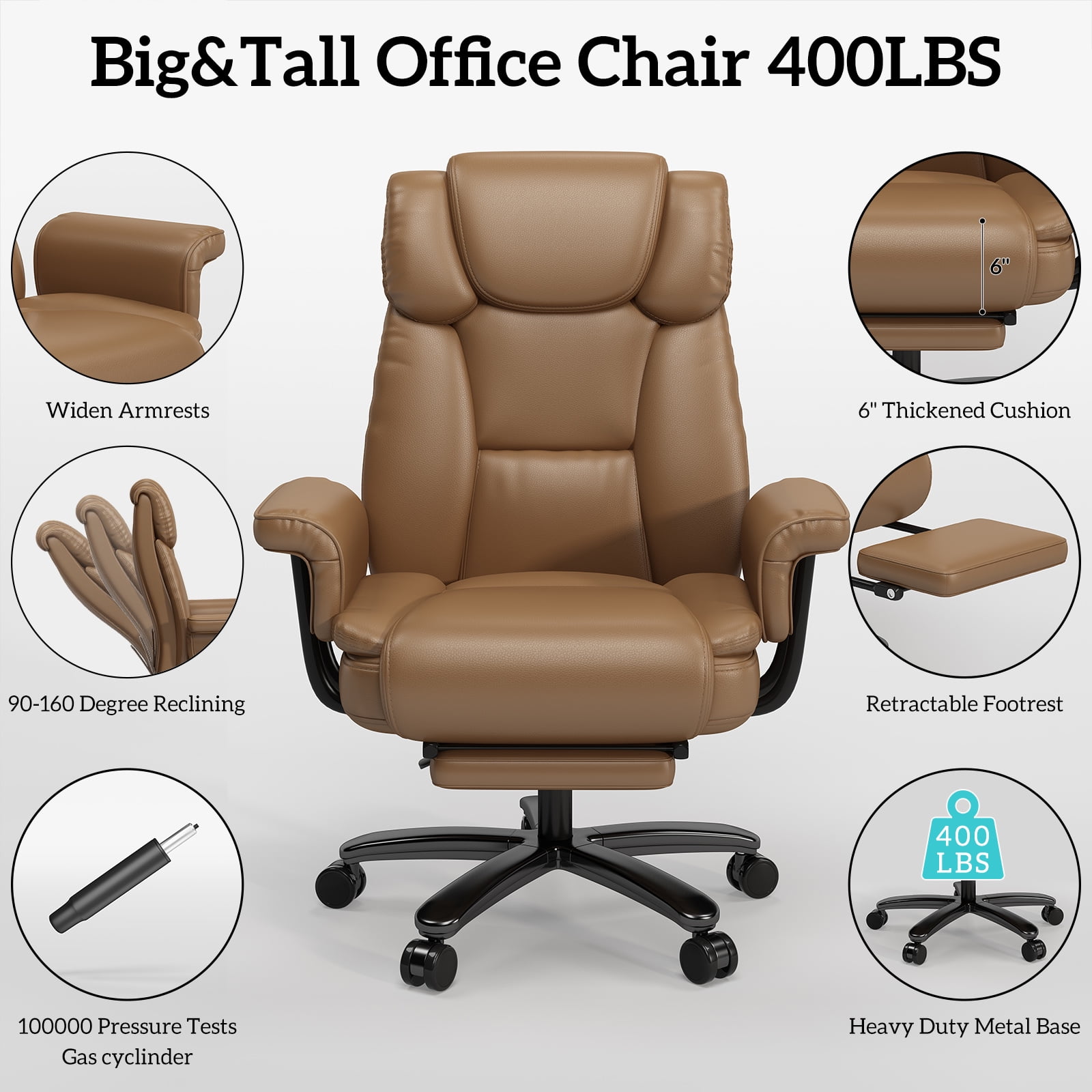 Ninecer High Back Executive Office Chair, Ergonomic PU Leather Office Chair, Heavy Duty Computer Desk Chair, Reclining Office Chair with Footrest 400lbs, Brown