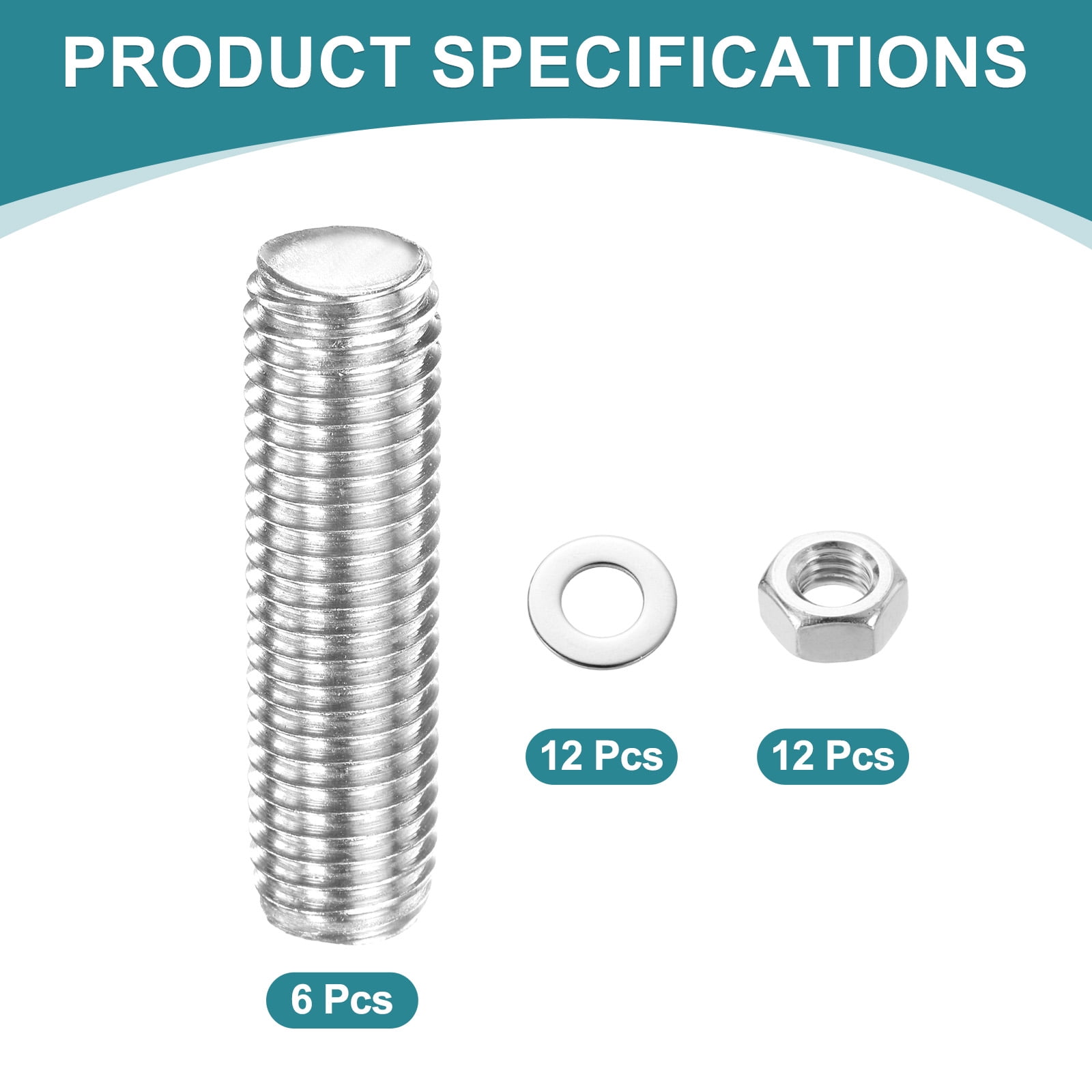 6 Pack Fully Threaded Rod, M14 x 50mm 201 Stainless Steel Right Hand Threads Rods with Nuts and Flat Washer