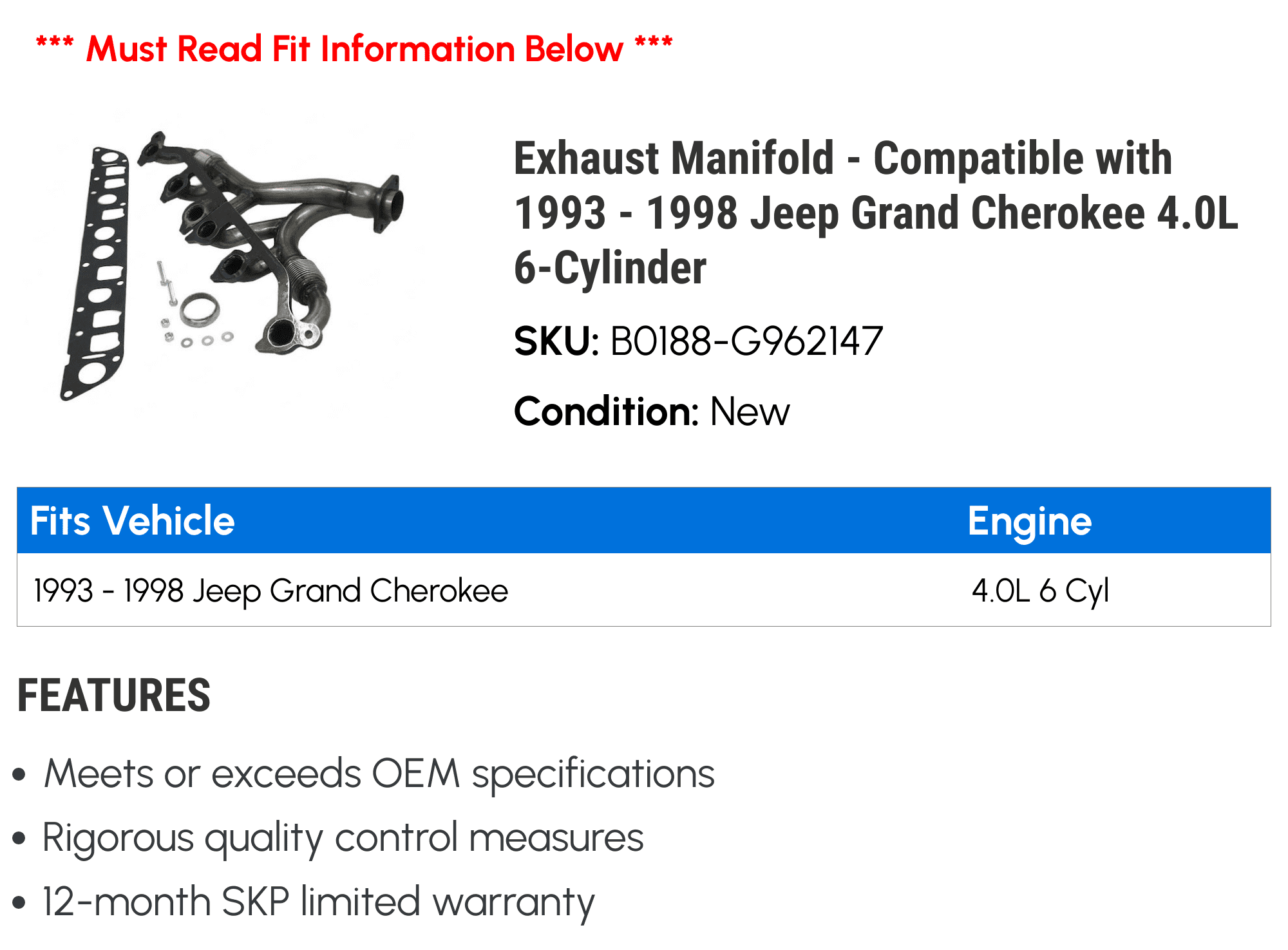 Exhaust Manifold - Compatible with 1993 - 1998 Jeep Grand Cherokee 4.0L 6-Cylinder 1994 1995 1996 1997