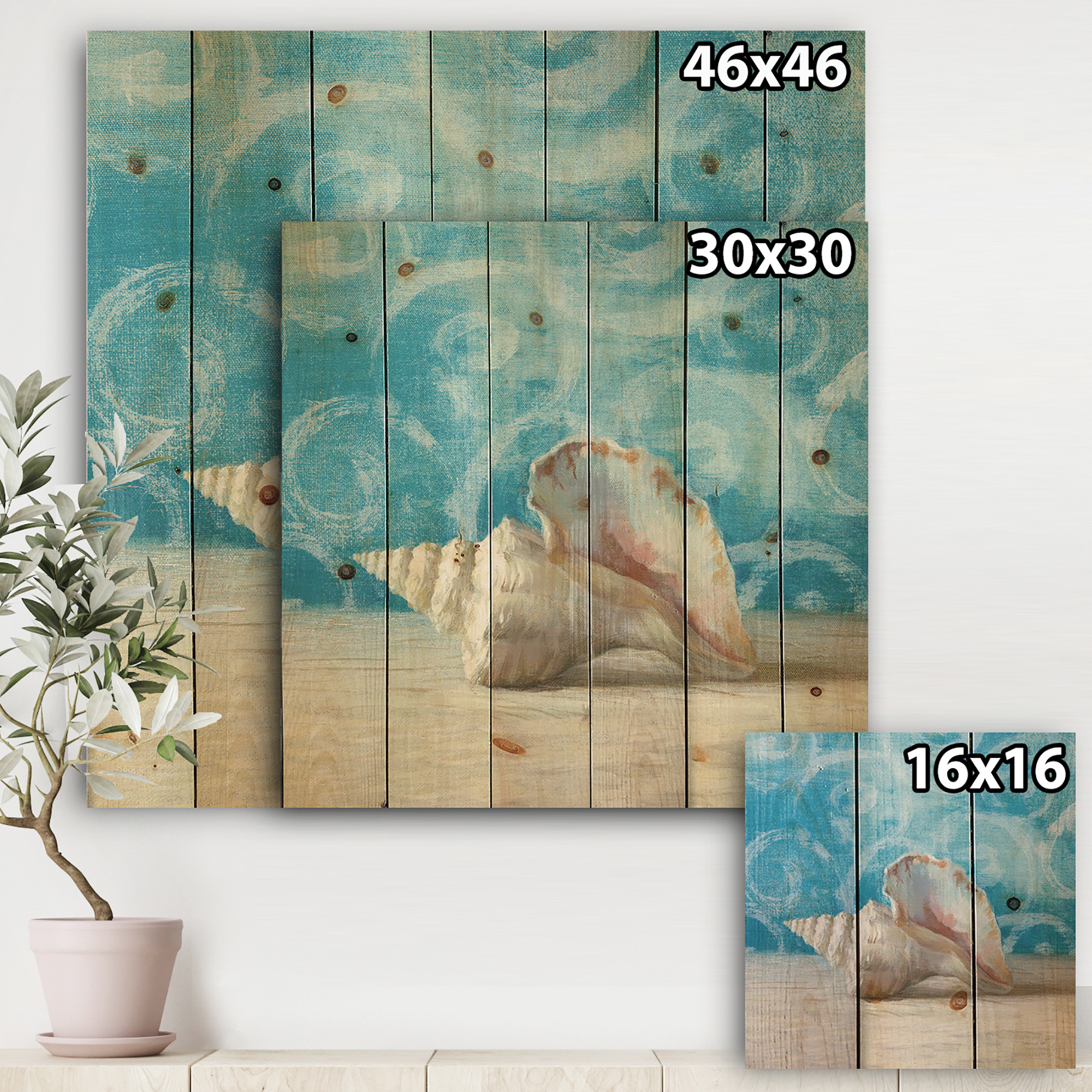 Designart 'Composition from the Sea I' Nautical & Coastal Print on Natural Pine Wood