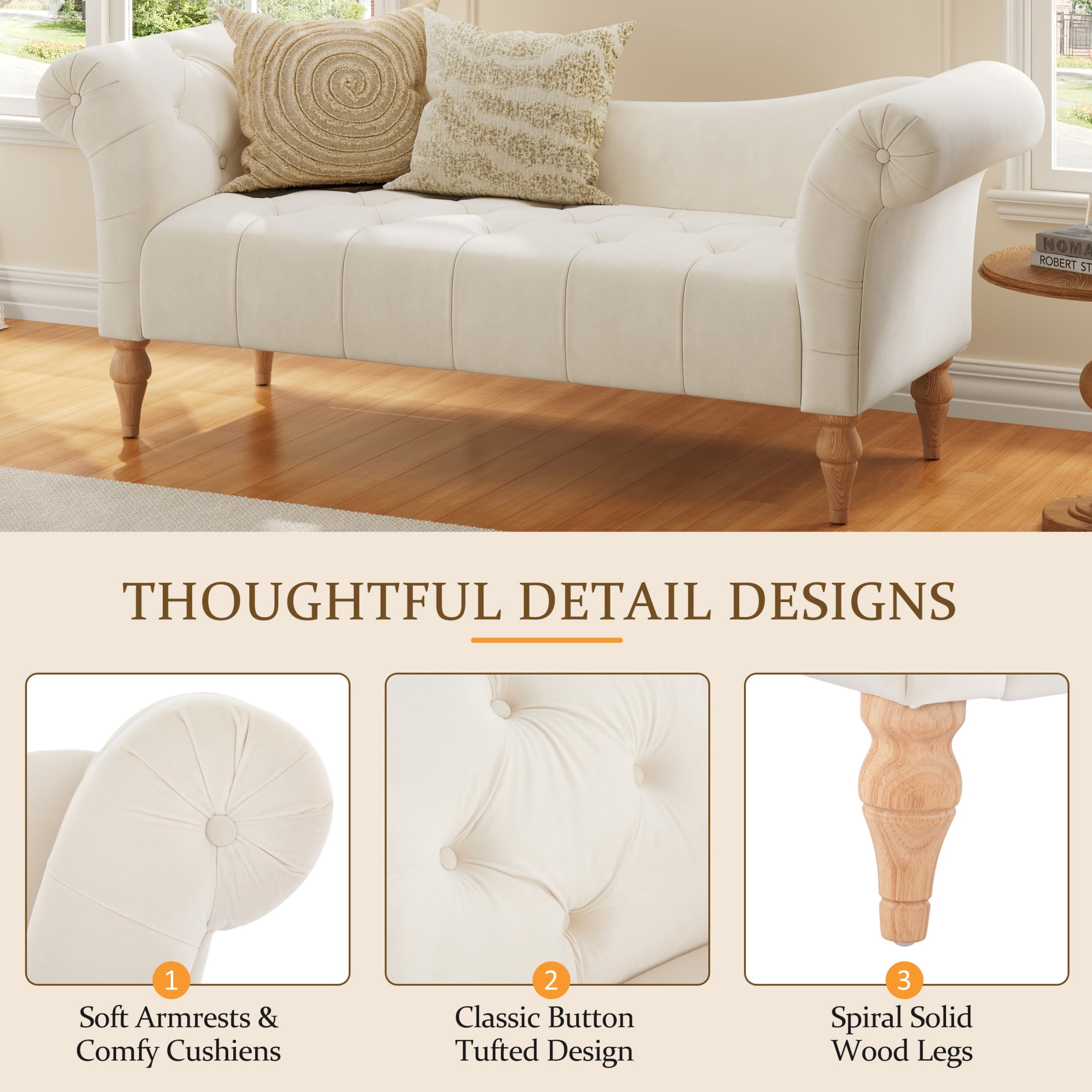 Christopher Knight Home 60.75" Vintage Velvet Upholstered Bench, Button Tufted Ottoman with Rolled Arms, Beige