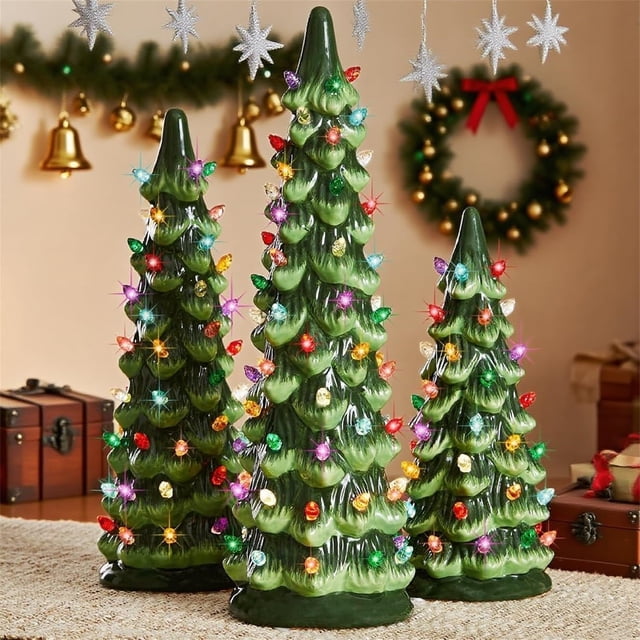 Yhuaoa Set Of 3 Ceramic Christmas Trees Pre Lit Hand Painted Tabletop Holiday Decoration