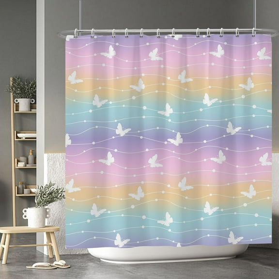 Colorful Stripes Butterfly Shower Curtain Violet Orange Blue Pink Texture Grain Multicoloured Shower Curtains for Bathtubs Home Bathroom Decor Waterproof Fabric with Hooks 72x72 Inches Inches