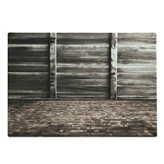 Rustic Cutting Board, Aged Cracked Striped Oak Boarded Plank Wall Background and Dated Brick Floor Picture, Decorative Tempered Glass Cutting and Serving Board, Large Size, Brown, by Ambesonne