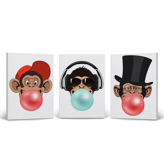 Smile Art Design Funny Three Monkeys Animal Bubble Gum Art 3 PANEL CANVAS PRINT SET Red Blue Gum Black and White Wall Art Decor Pop Art Living Room Kids Room Nursery Ready to Hang Made in USA 22x15