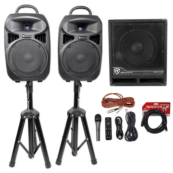 Rockville RPG082K Dual 8" Powered PA DJ Speakers/Bluetooth Mic Stands Cables Sub