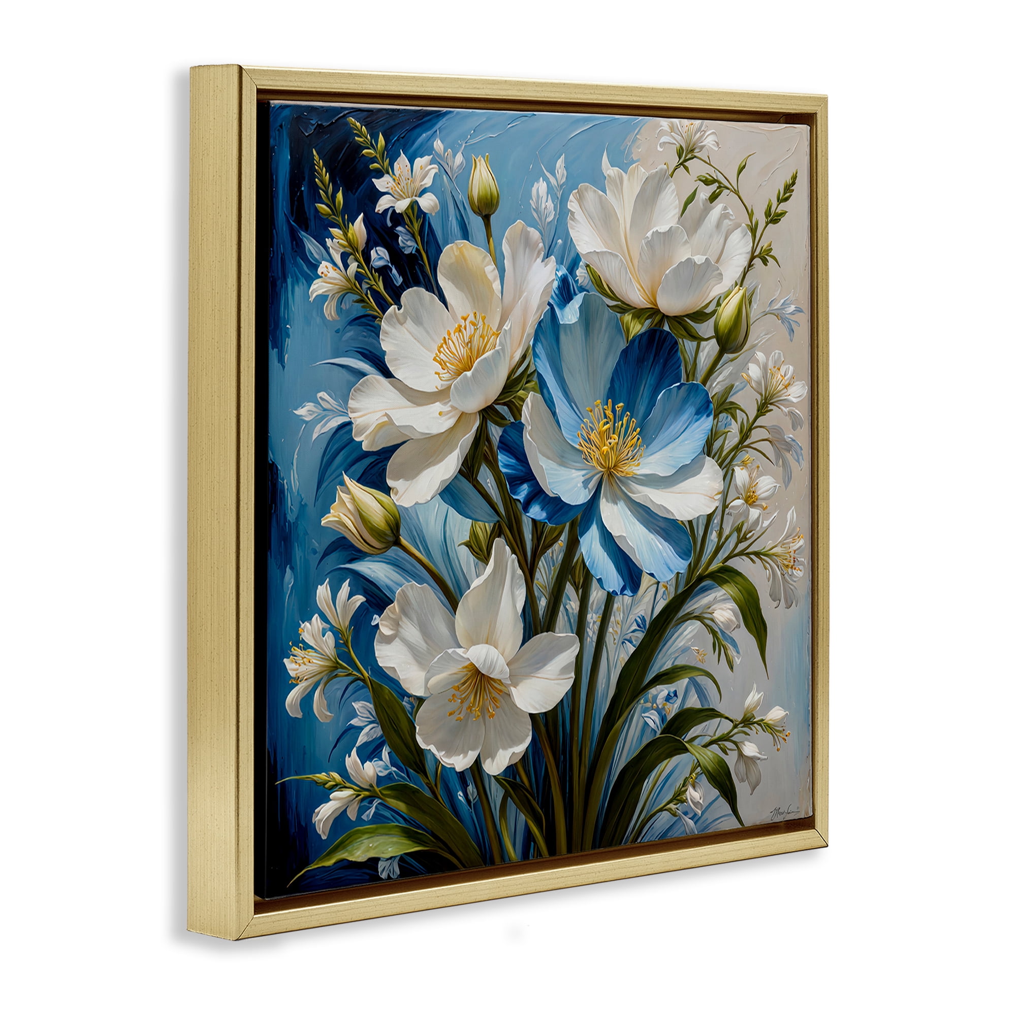 Stupell Industries Curling Floral Petals on Blue Plants & Flowers Painting Gold Floater Framed Canvas Art Print Wall Art, 25 x 25