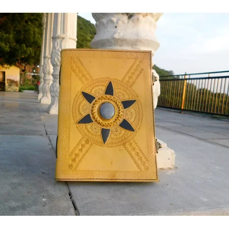 Handcrafted Embossed Design Vintage Leather Bound Journal Diary Healing Obsidian Stone Yellow Blank Notebook For Men & Women