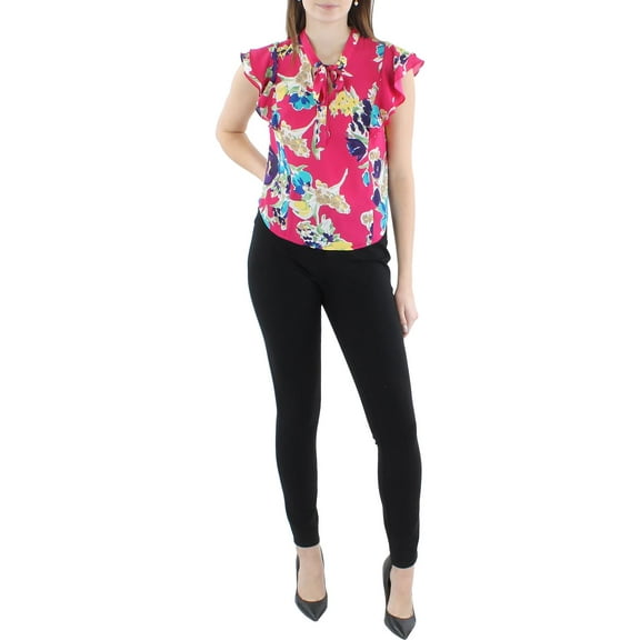 Lauren Ralph Lauren Womens Petites Floral Print Tie Neckline Blouse