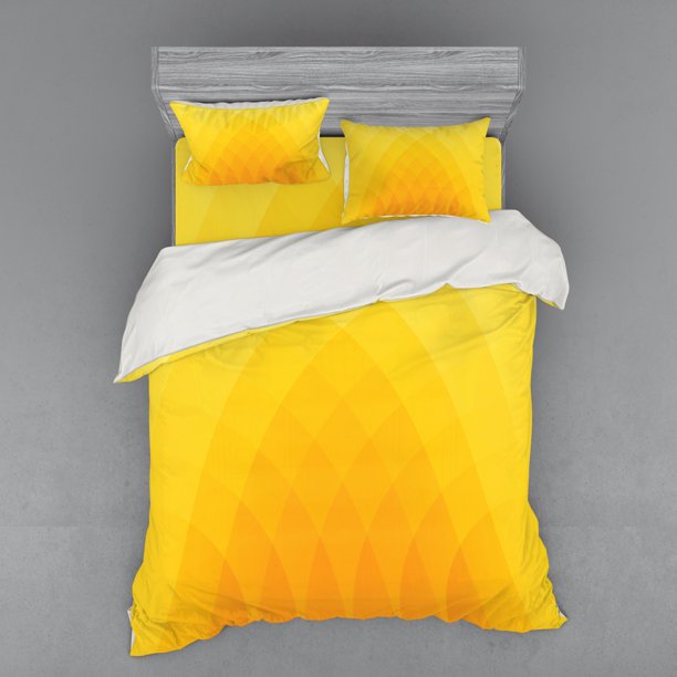 Yellow Duvet Cover Set, Illustration of Modern Unusual Shaded Motifs Dreamlike Retro Design Art