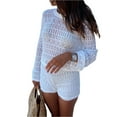 thumbnail image 4 of hirigin Women's Spring Autumn Outfit Sets Long Sleeve Hollow Crop Tops + White Knitted Shorts, 4 of 9