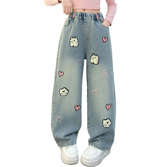 Byoo Cute Animal Graphic Jeans for Toddler Girl Straight Wide Leg High Rise Elastic Waist Denim Pants Casual Pantalones