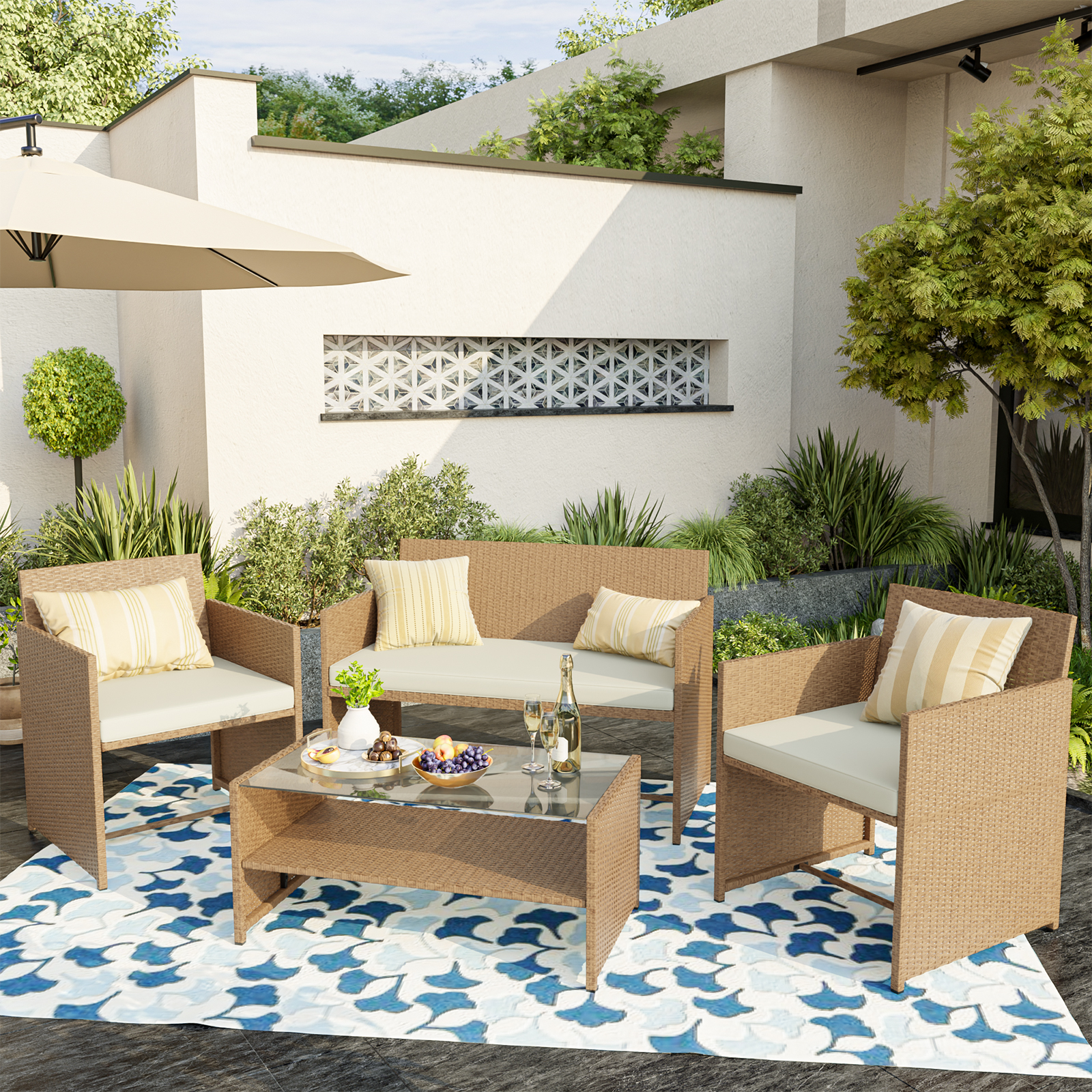 ELPOSUN 4-Piece Patio Rattan Furniture Set with Cushions & Tempered Glass Tabletop, Beige