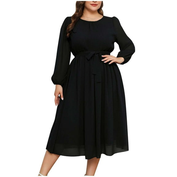 Wdfiry Women's Plus Size Midi Dress Casual Tummy Control Long Sleeve Flowy Dresses Crewneck Tie Mesh Dress