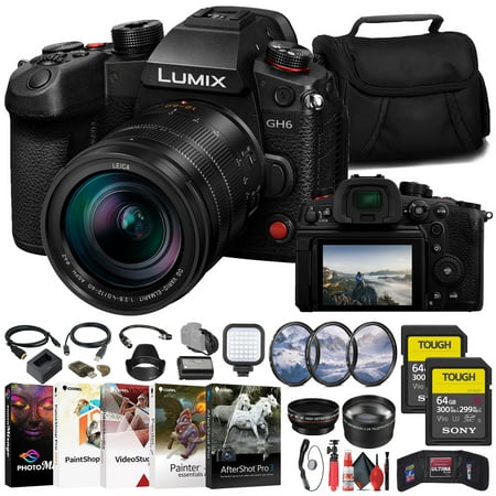 Panasonic Lumix GH6 Mirrorless Camera with 12-60mm F/2.8-4 Lens (DC-GH6LK) + 2 x Sony 64GB TOUGH SD Card + Filter Kit + Wide Angle Lens + Telephoto Lens + Lens Hood + Card Reader + LED Light + More